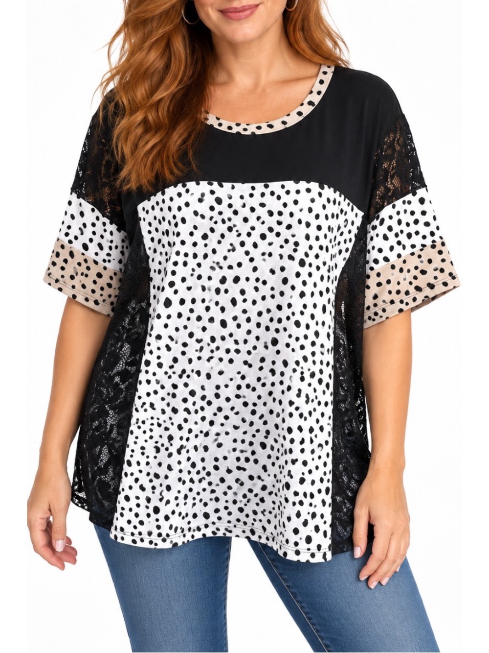 Now n Forever black & white polka dot top with lace detailing